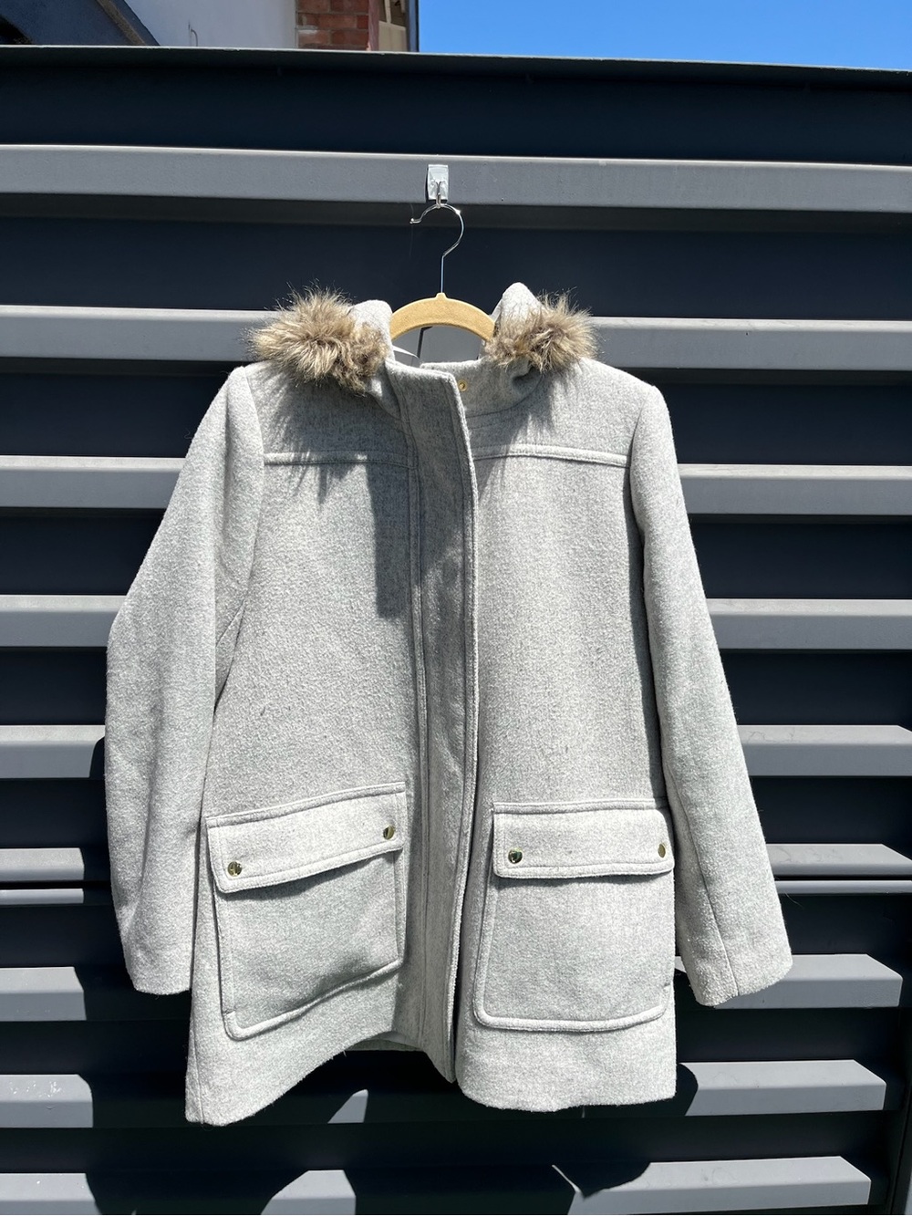 J. Crew Light Gray Wool-Blend Pea Coat with Faux Fur Trim